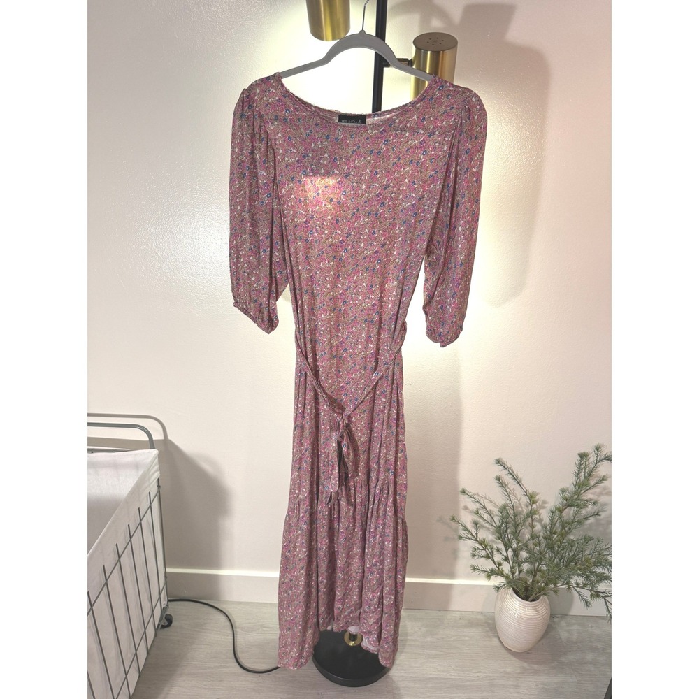 WUKOgals maxi extra soft GUC pink floral Dress 3/4 Puff Sleeve Tiered Modest M